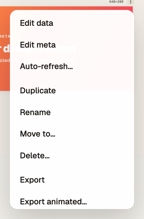 Right-click menu on an artboard: Edit data, Edit meta, Duplicate, Rename, Move, Delete, Export, Reveal