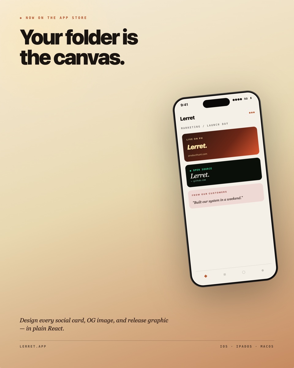 Phone hero poster — warm linen-to-sienna gradient background, sienna eyebrow "◆ NOW ON THE APP STORE", huge two-line headline "Your folder is the canvas.", italic serif tagline at the bottom, a tilted iPhone-15-style mockup with dynamic island + status bar showing a Lerret canvas with three artboard preview cards (PH launch in orange, open-source dark, testimonial pink) and a bottom tab bar