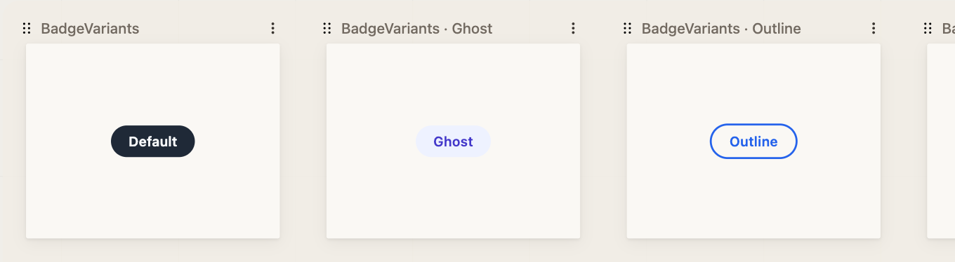BadgeVariants: one component file rendered as Default, Ghost, Outline, and Solid artboards